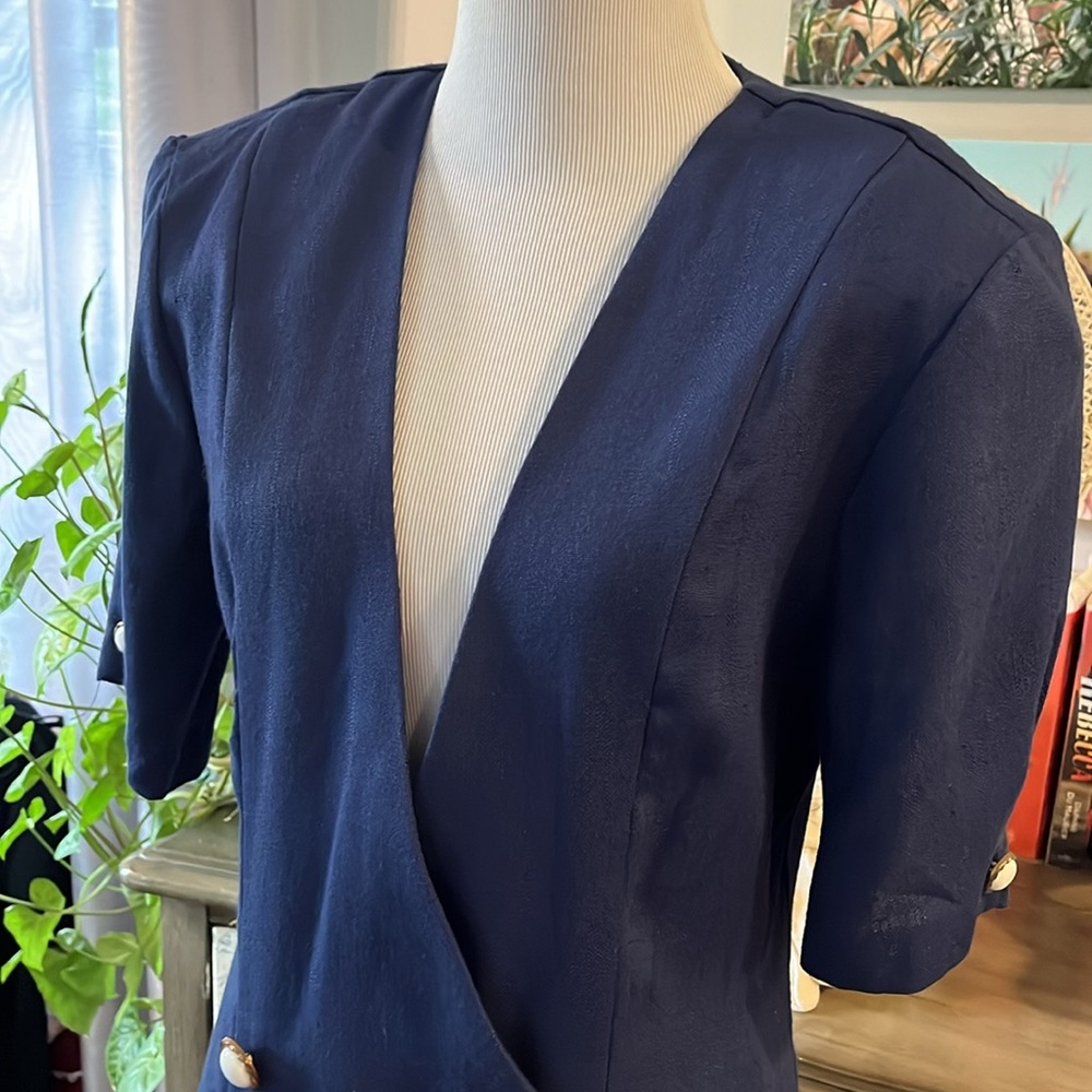 VINTAGE DAWN JOY DOUBLE BREASTED JACKET PLEATED SKIRT SET NAVY BLUE WHITE SIZE 8 - Picture 3 of 13